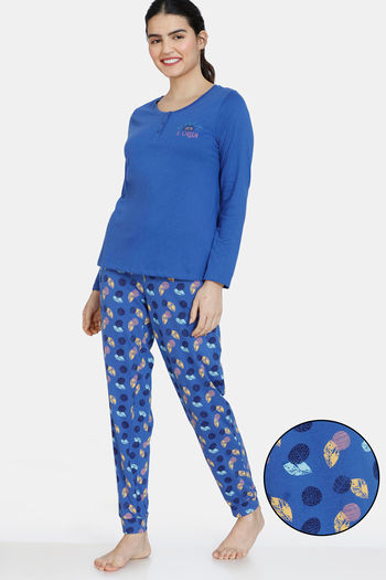 Buy Zivame Colored Twigs Knit Cotton Pyjama Set -  Blue Quartz